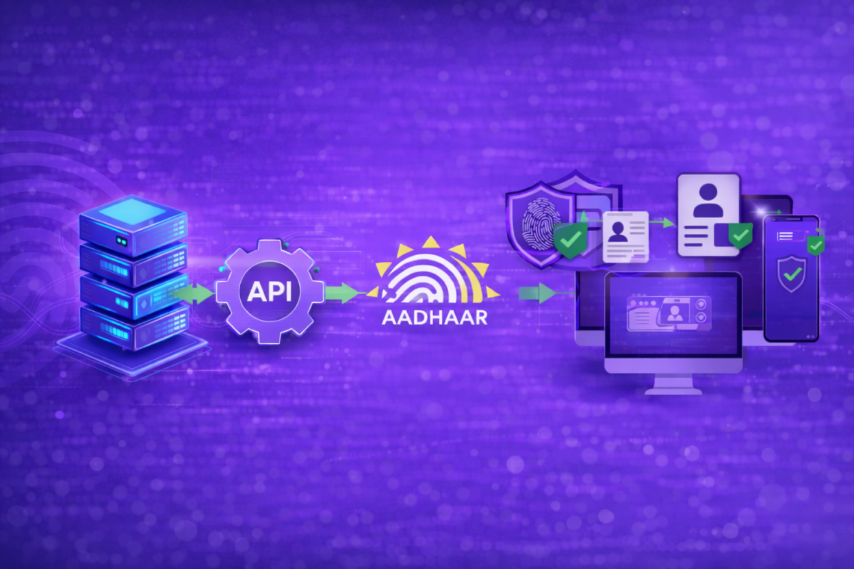 Step-by-step Aadhaar verification API integration flow with server, API, Aadhaar, and user authentication icons on purple background