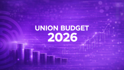 Union Budget 2026 illustration with financial growth graph and coin stacks on purple digital background.